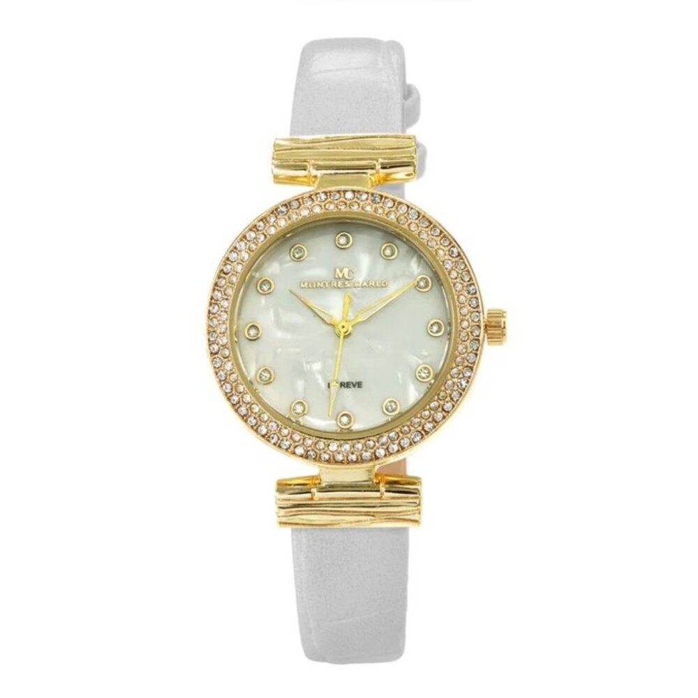 34mm Montres Carlo Women's Vegan Leather Band Stones Fashion Luxury Dress Watch